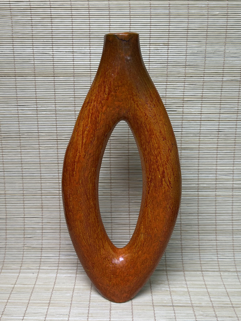 Vintage Japanese Ikebana Vase, Sculptural Open-Loop Form, Carrot-Orange Streaked Glaze, Signed Base
