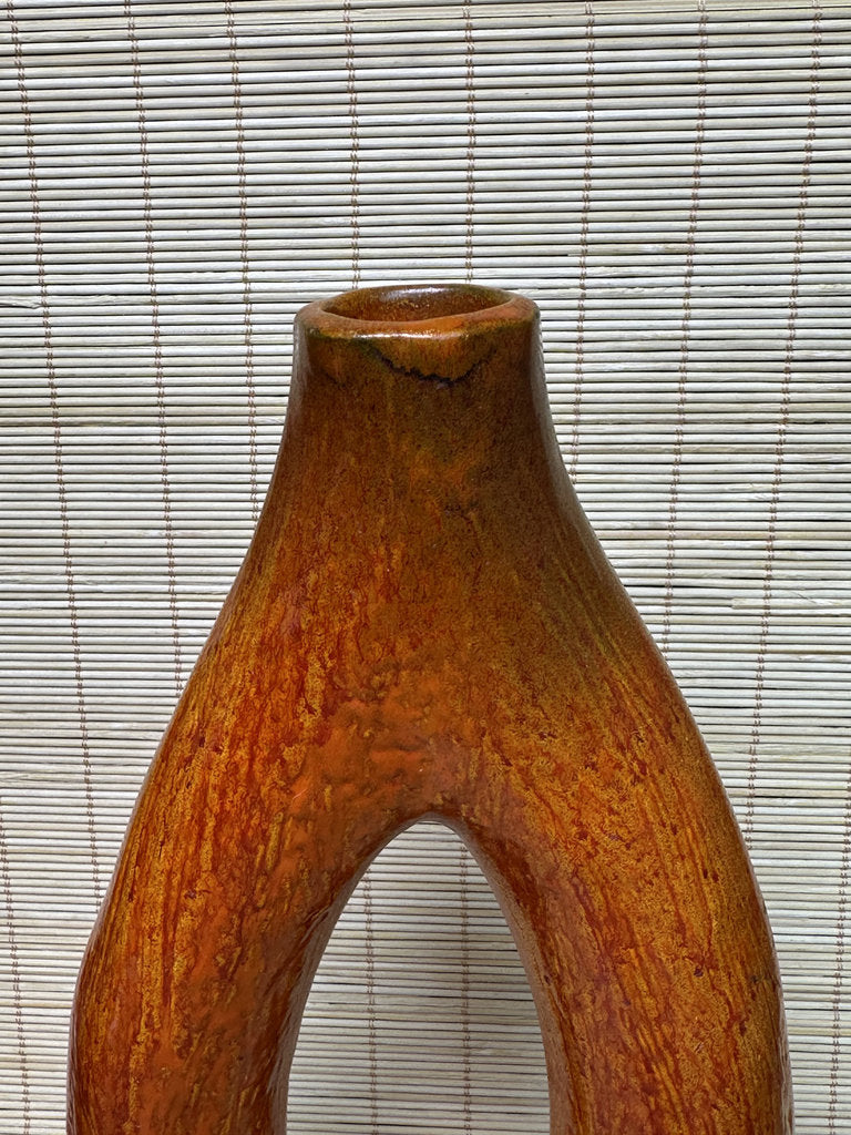 Vintage Japanese Ikebana Vase, Sculptural Open-Loop Form, Carrot-Orange Streaked Glaze, Signed Base