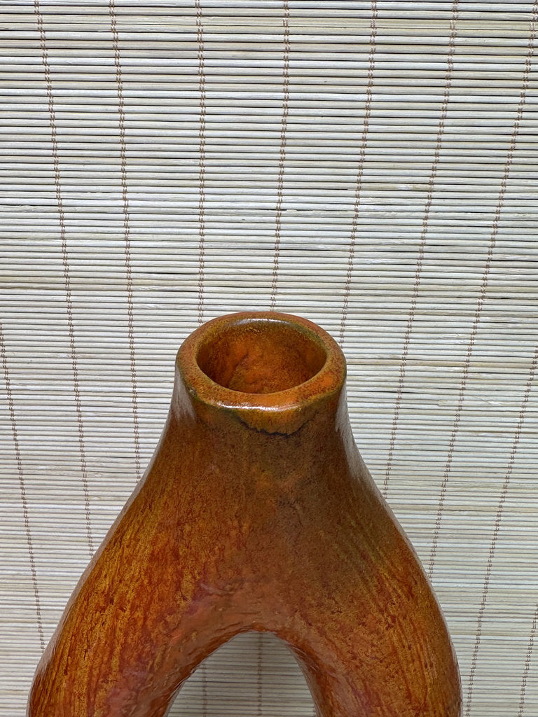 Vintage Japanese Ikebana Vase, Sculptural Open-Loop Form, Carrot-Orange Streaked Glaze, Signed Base