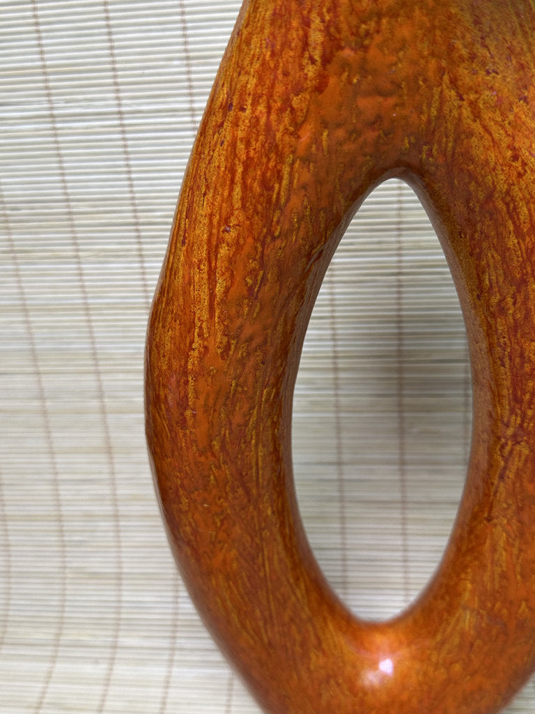 Vintage Japanese Ikebana Vase, Sculptural Open-Loop Form, Carrot-Orange Streaked Glaze, Signed Base