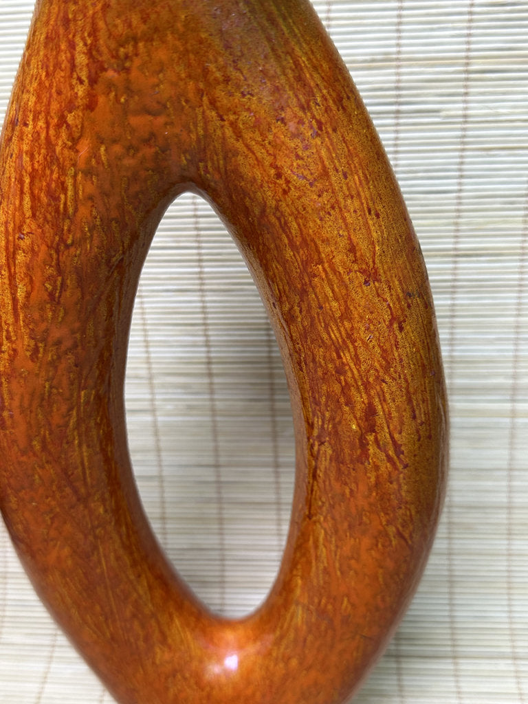 Vintage Japanese Ikebana Vase, Sculptural Open-Loop Form, Carrot-Orange Streaked Glaze, Signed Base