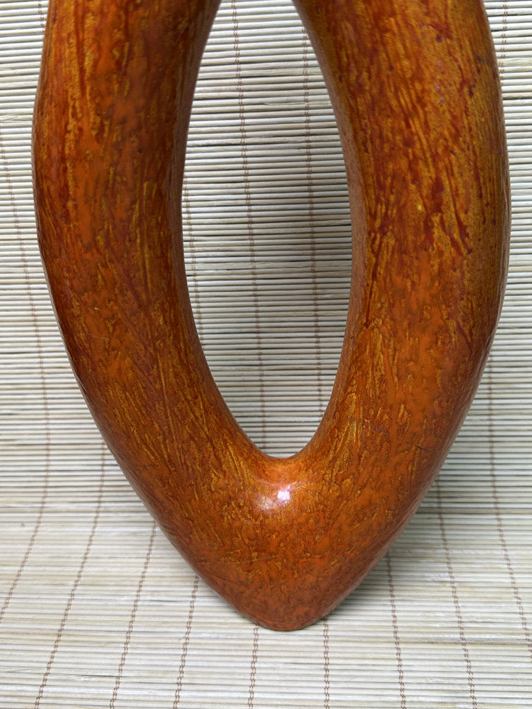 Vintage Japanese Ikebana Vase, Sculptural Open-Loop Form, Carrot-Orange Streaked Glaze, Signed Base