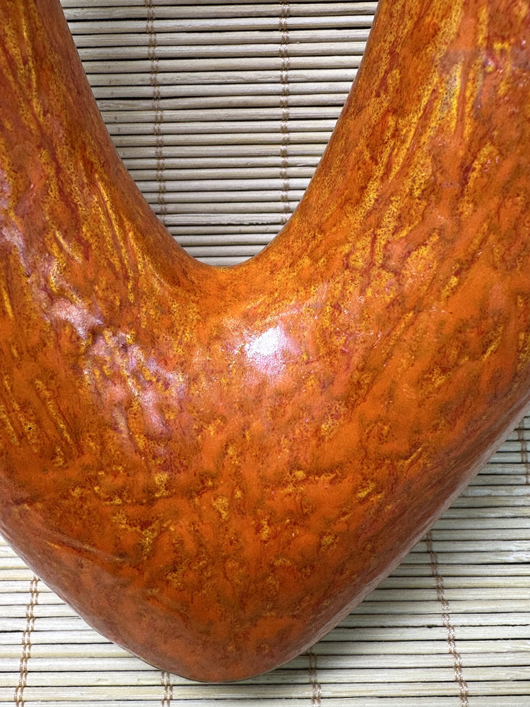 Vintage Japanese Ikebana Vase, Sculptural Open-Loop Form, Carrot-Orange Streaked Glaze, Signed Base