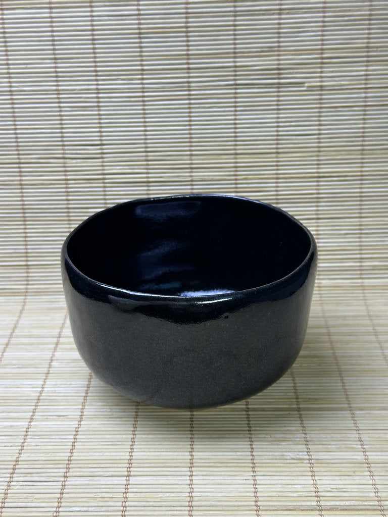 Vintage Japanese Black Chawan, Seto-guro Style Cylindrical Matcha Tea Bowl, Glossy Iron Glaze