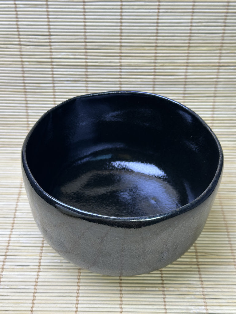 Vintage Japanese Black Chawan, Seto-guro Style Cylindrical Matcha Tea Bowl, Glossy Iron Glaze