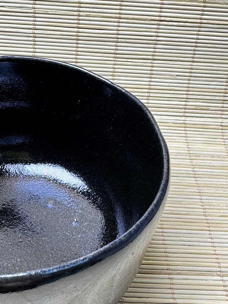 Vintage Japanese Black Chawan, Seto-guro Style Cylindrical Matcha Tea Bowl, Glossy Iron Glaze