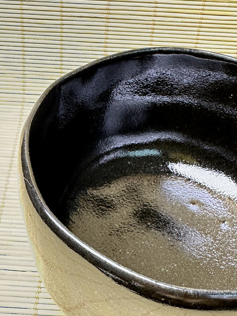 Vintage Japanese Black Chawan, Seto-guro Style Cylindrical Matcha Tea Bowl, Glossy Iron Glaze