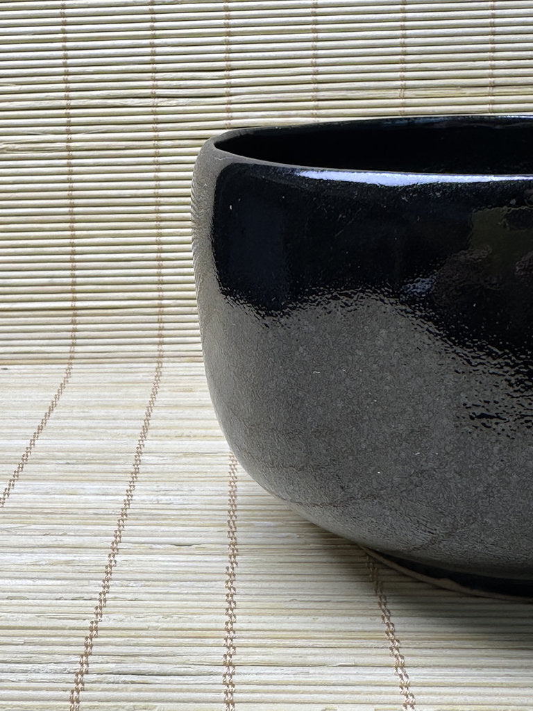 Vintage Japanese Black Chawan, Seto-guro Style Cylindrical Matcha Tea Bowl, Glossy Iron Glaze