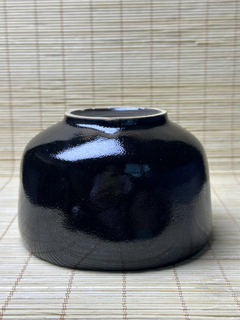 Vintage Japanese Black Chawan, Seto-guro Style Cylindrical Matcha Tea Bowl, Glossy Iron Glaze