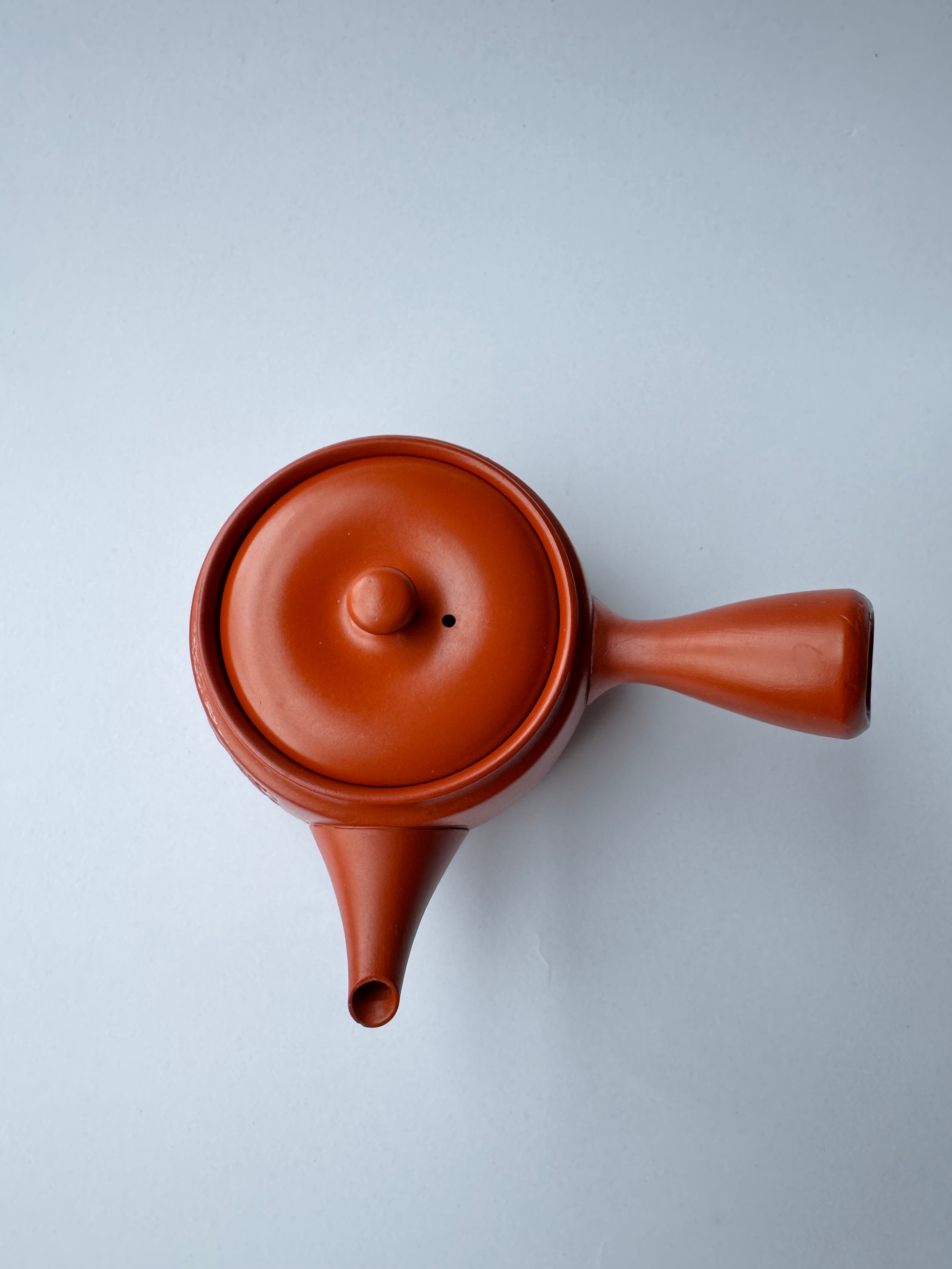 Vintage Tokoname Teapot with Carved Landscape Scene – Japanese Red Clay Kyusu