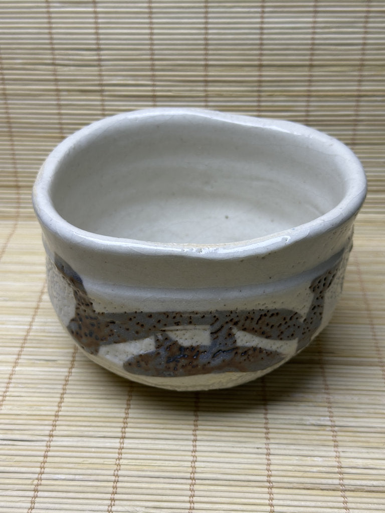 Vintage Japanese Shino-Style Chawan, Matcha Tea Bowl, White Feldspar Glaze, Iron Painted Design, Wabi-Sabi