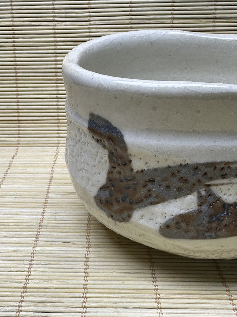 Vintage Japanese Shino-Style Chawan, Matcha Tea Bowl, White Feldspar Glaze, Iron Painted Design, Wabi-Sabi