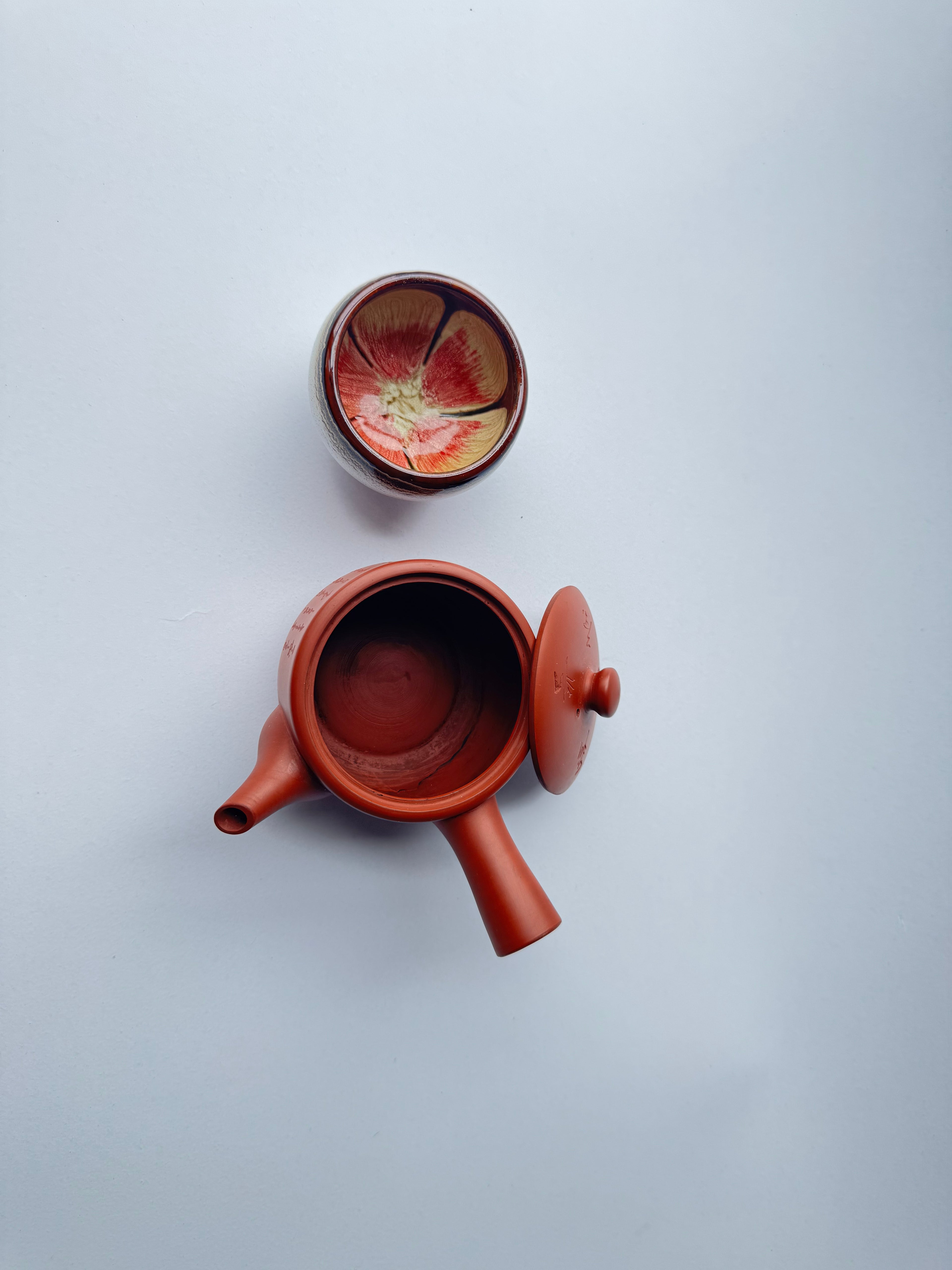 Vintage Tokoname Teapot, Incised Heart Sutra Calligraphy, Unglazed Clay, Ceramic Filter (Damaged)