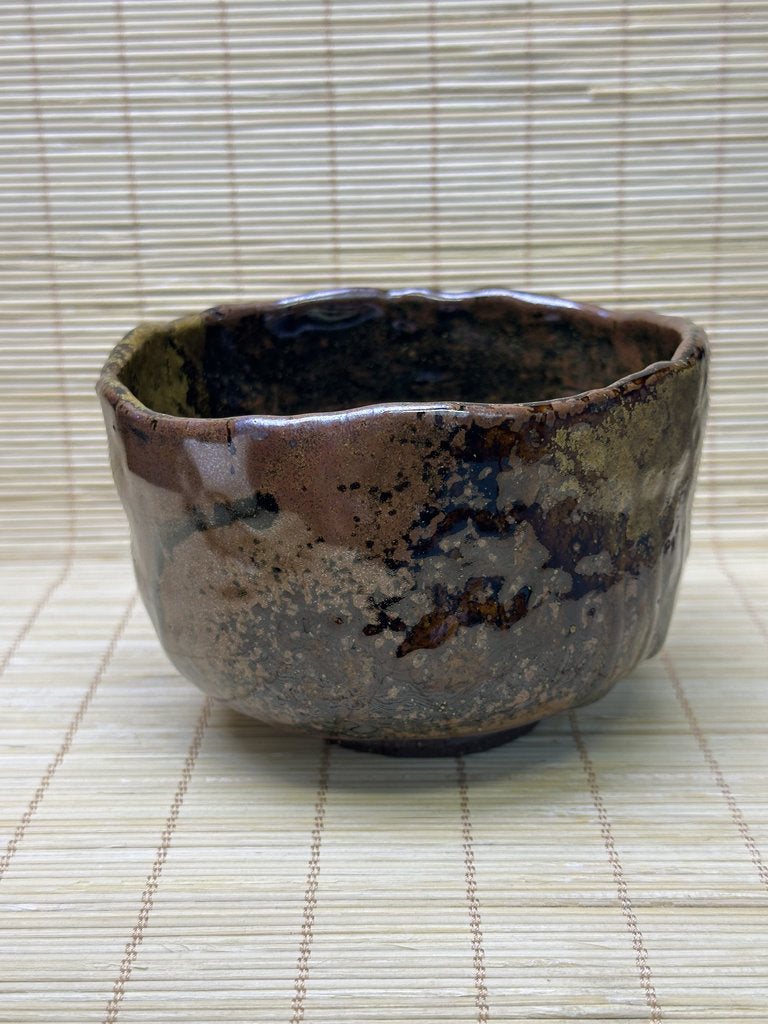 Vintage Japanese Raku-Style Chawan, Hand-Built Matcha Tea Bowl, Amber Brown Glaze, Wabi-Sabi, Signed