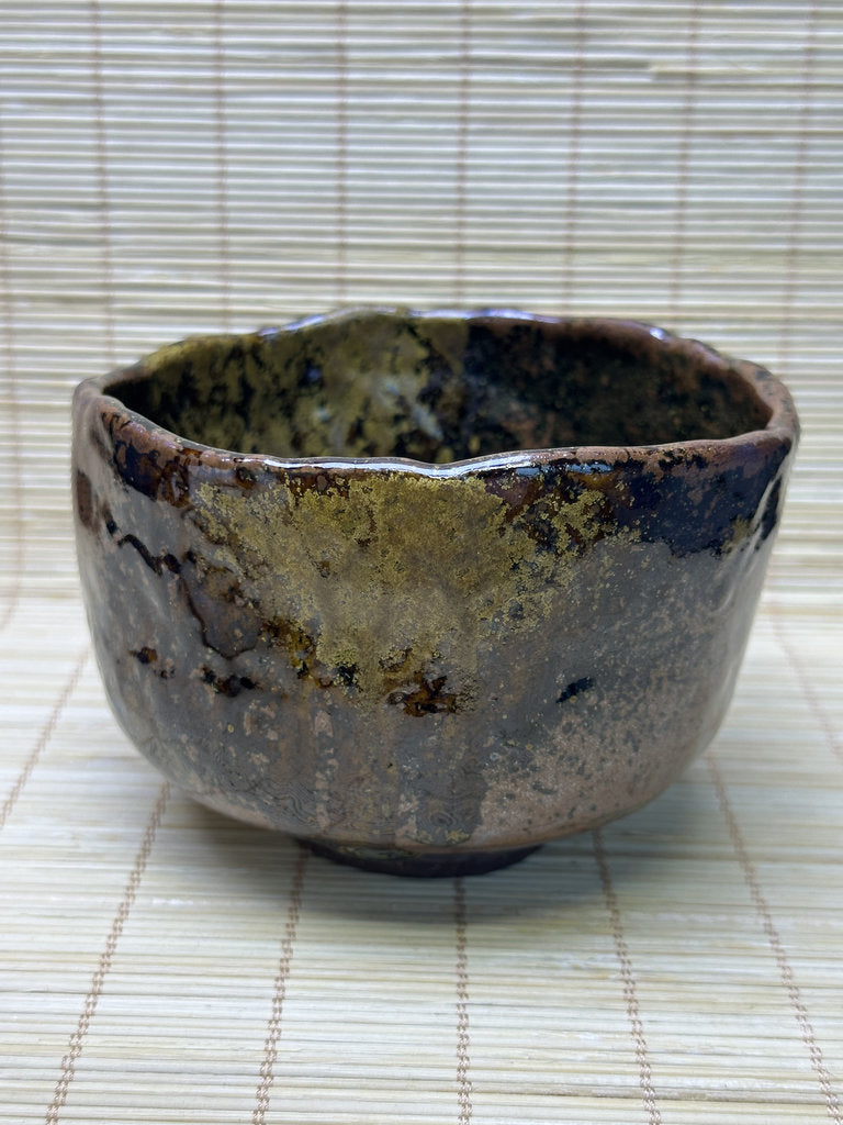 Vintage Japanese Raku-Style Chawan, Hand-Built Matcha Tea Bowl, Amber Brown Glaze, Wabi-Sabi, Signed