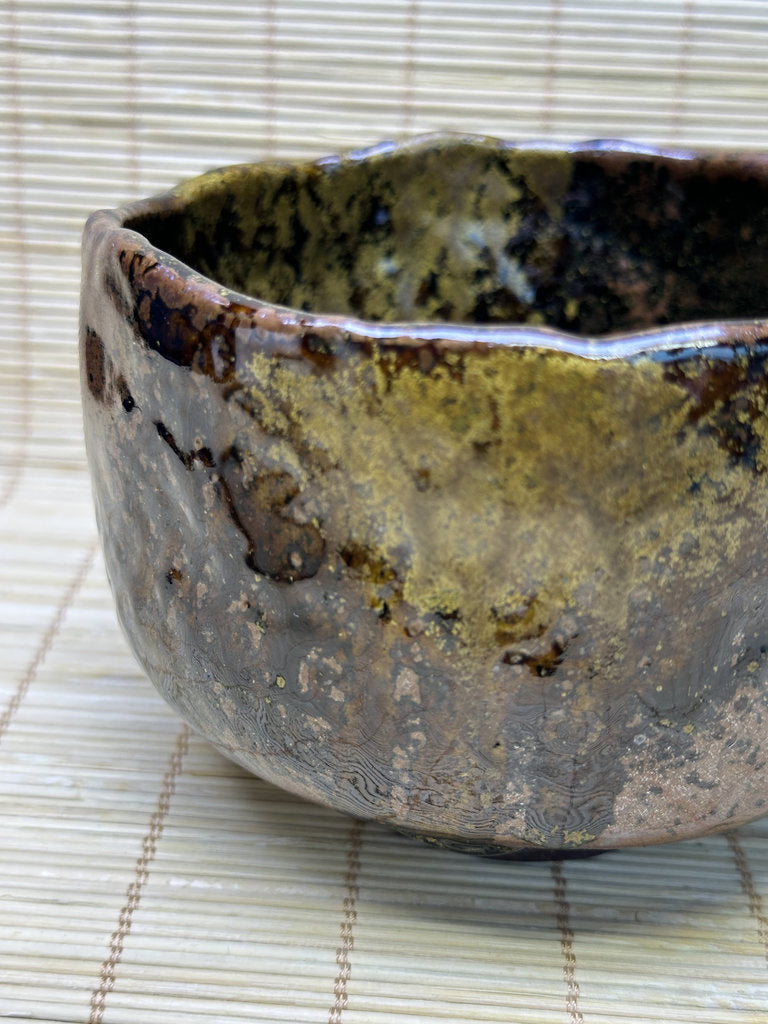 Vintage Japanese Raku-Style Chawan, Hand-Built Matcha Tea Bowl, Amber Brown Glaze, Wabi-Sabi, Signed