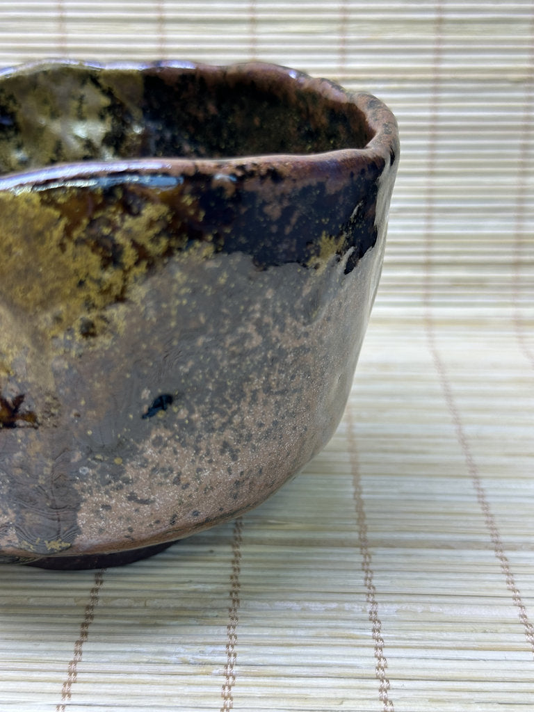 Vintage Japanese Raku-Style Chawan, Hand-Built Matcha Tea Bowl, Amber Brown Glaze, Wabi-Sabi, Signed