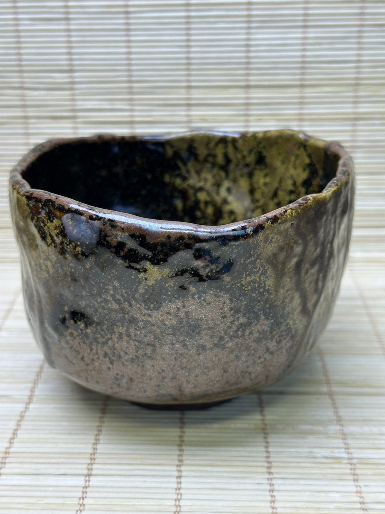 Vintage Japanese Raku-Style Chawan, Hand-Built Matcha Tea Bowl, Amber Brown Glaze, Wabi-Sabi, Signed