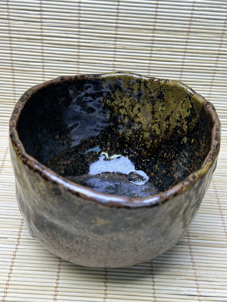Vintage Japanese Raku-Style Chawan, Hand-Built Matcha Tea Bowl, Amber Brown Glaze, Wabi-Sabi, Signed