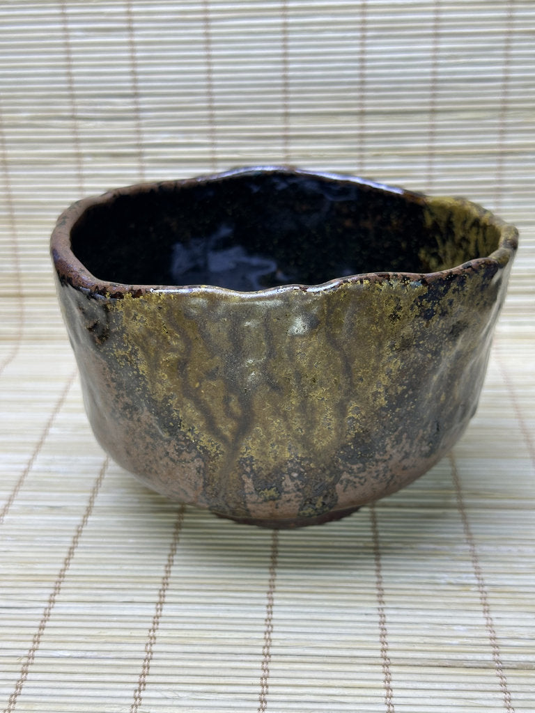 Vintage Japanese Raku-Style Chawan, Hand-Built Matcha Tea Bowl, Amber Brown Glaze, Wabi-Sabi, Signed