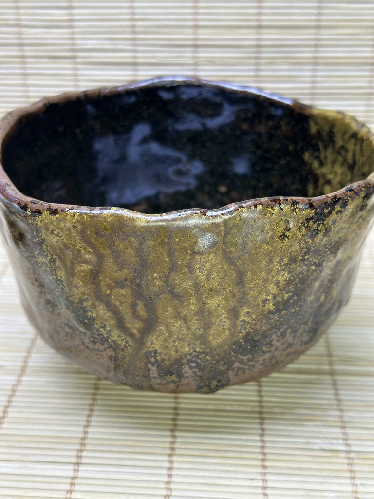 Vintage Japanese Raku-Style Chawan, Hand-Built Matcha Tea Bowl, Amber Brown Glaze, Wabi-Sabi, Signed