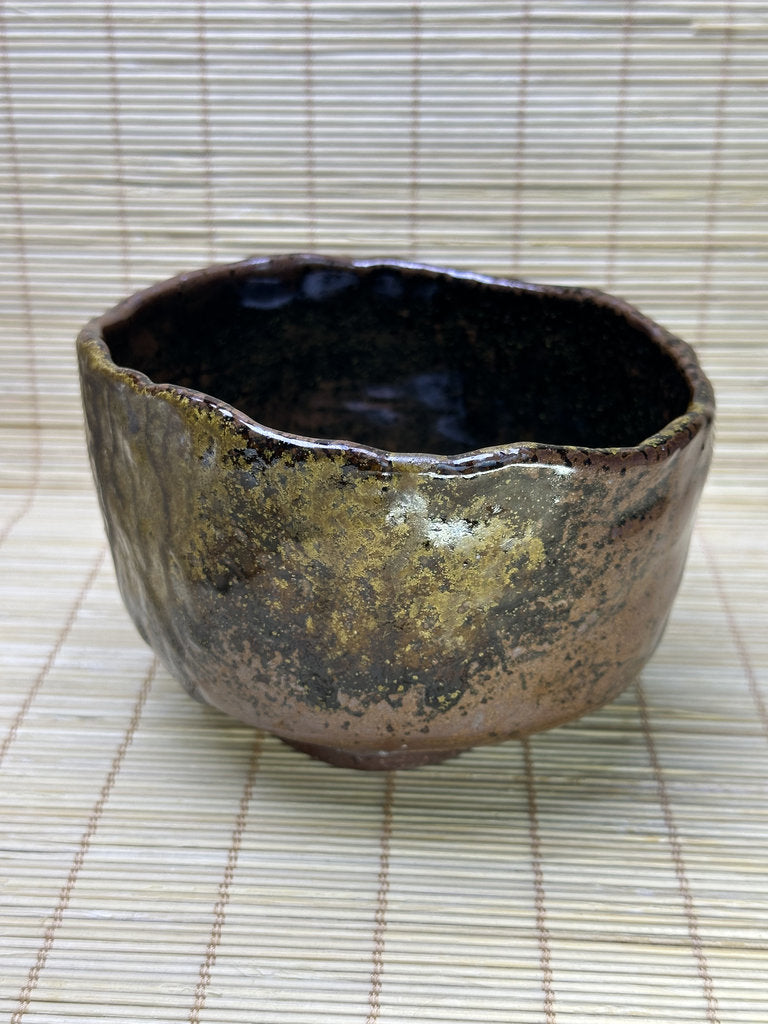 Vintage Japanese Raku-Style Chawan, Hand-Built Matcha Tea Bowl, Amber Brown Glaze, Wabi-Sabi, Signed