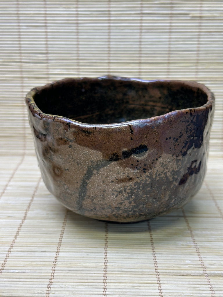 Vintage Japanese Raku-Style Chawan, Hand-Built Matcha Tea Bowl, Amber Brown Glaze, Wabi-Sabi, Signed