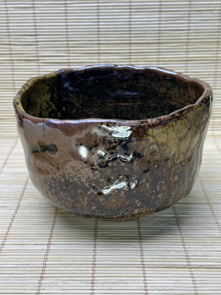 Vintage Japanese Raku-Style Chawan, Hand-Built Matcha Tea Bowl, Amber Brown Glaze, Wabi-Sabi, Signed