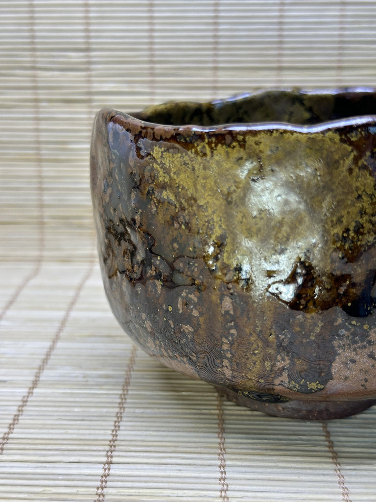 Vintage Japanese Raku-Style Chawan, Hand-Built Matcha Tea Bowl, Amber Brown Glaze, Wabi-Sabi, Signed
