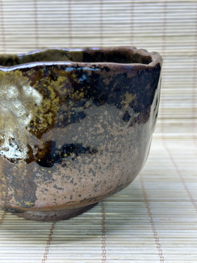Vintage Japanese Raku-Style Chawan, Hand-Built Matcha Tea Bowl, Amber Brown Glaze, Wabi-Sabi, Signed