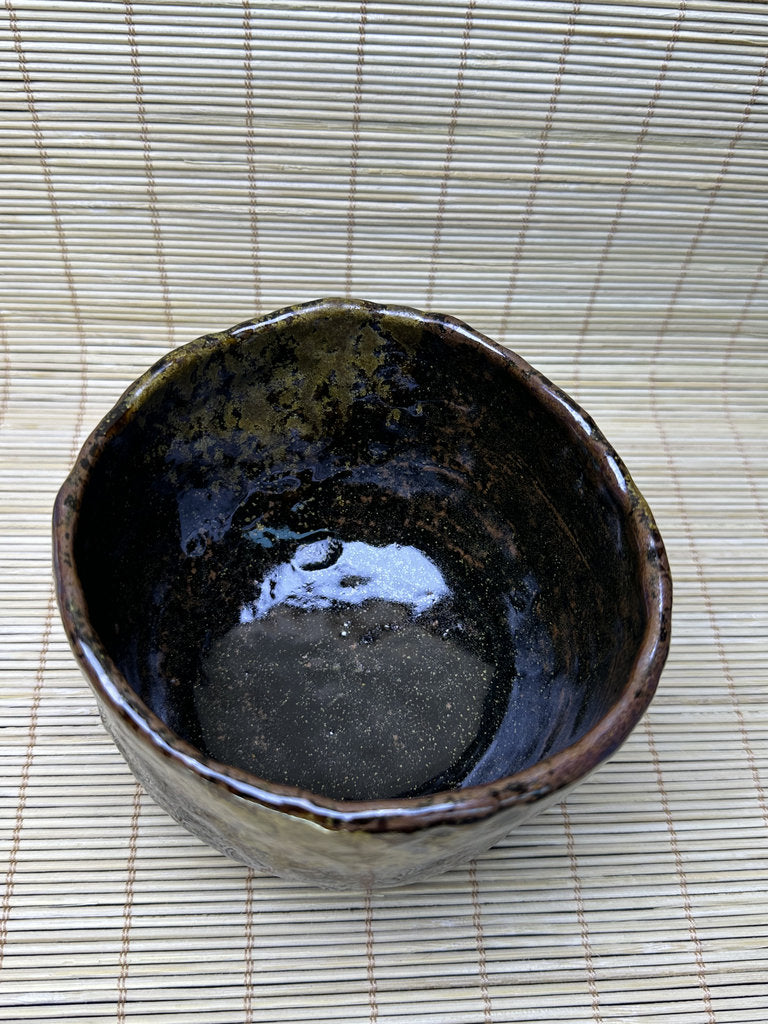 Vintage Japanese Raku-Style Chawan, Hand-Built Matcha Tea Bowl, Amber Brown Glaze, Wabi-Sabi, Signed