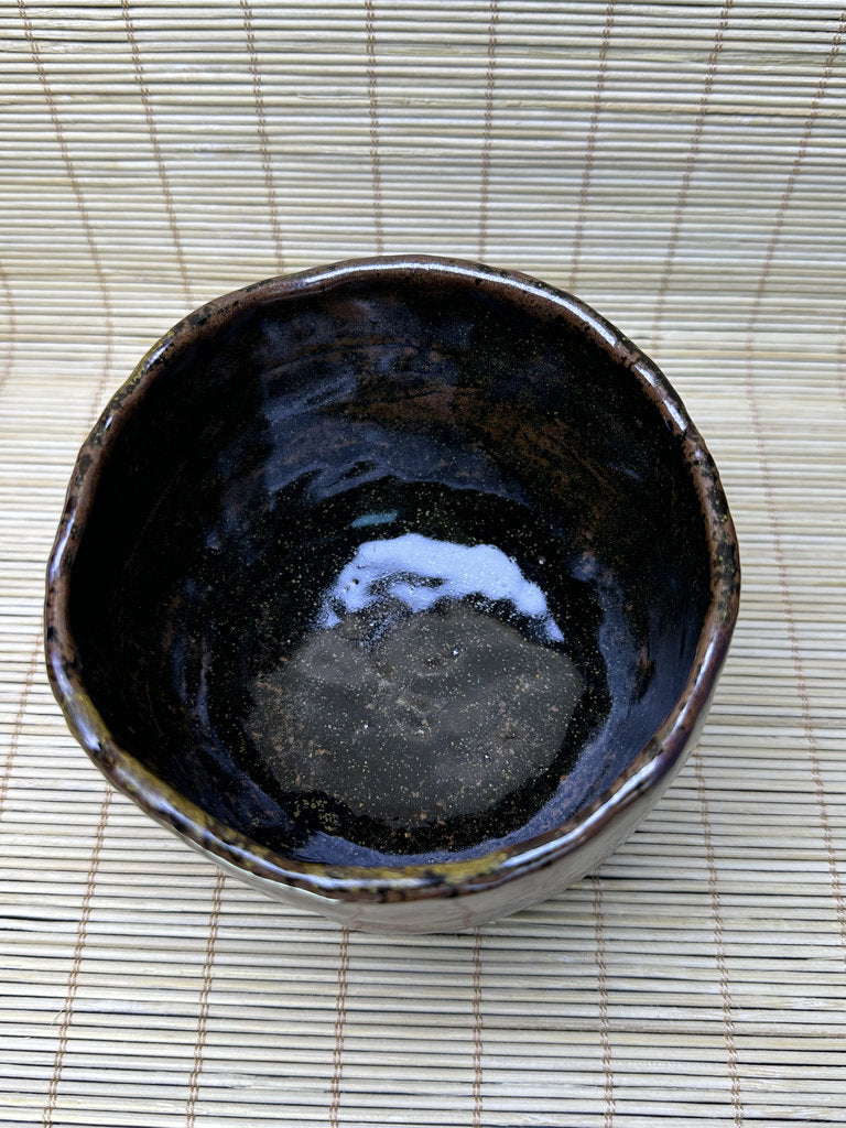 Vintage Japanese Raku-Style Chawan, Hand-Built Matcha Tea Bowl, Amber Brown Glaze, Wabi-Sabi, Signed