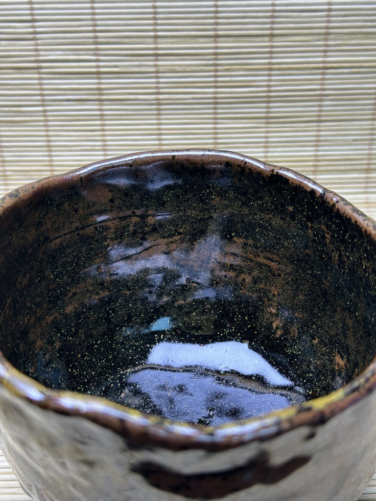 Vintage Japanese Raku-Style Chawan, Hand-Built Matcha Tea Bowl, Amber Brown Glaze, Wabi-Sabi, Signed