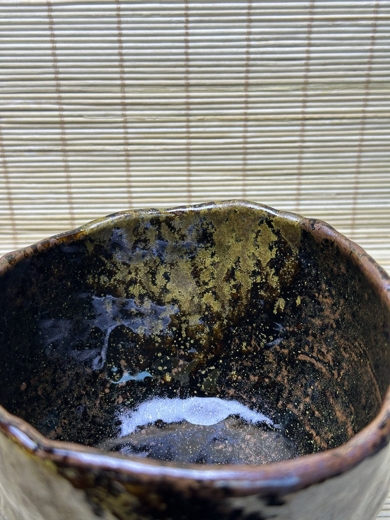 Vintage Japanese Raku-Style Chawan, Hand-Built Matcha Tea Bowl, Amber Brown Glaze, Wabi-Sabi, Signed