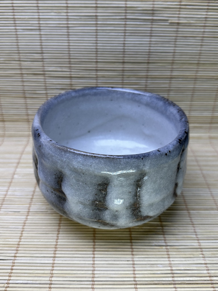 Vintage Japanese Chawan, Shino-Inspired Matcha Tea Bowl, Milky Blue-White Glaze, Iron Stripes, Faceted Body