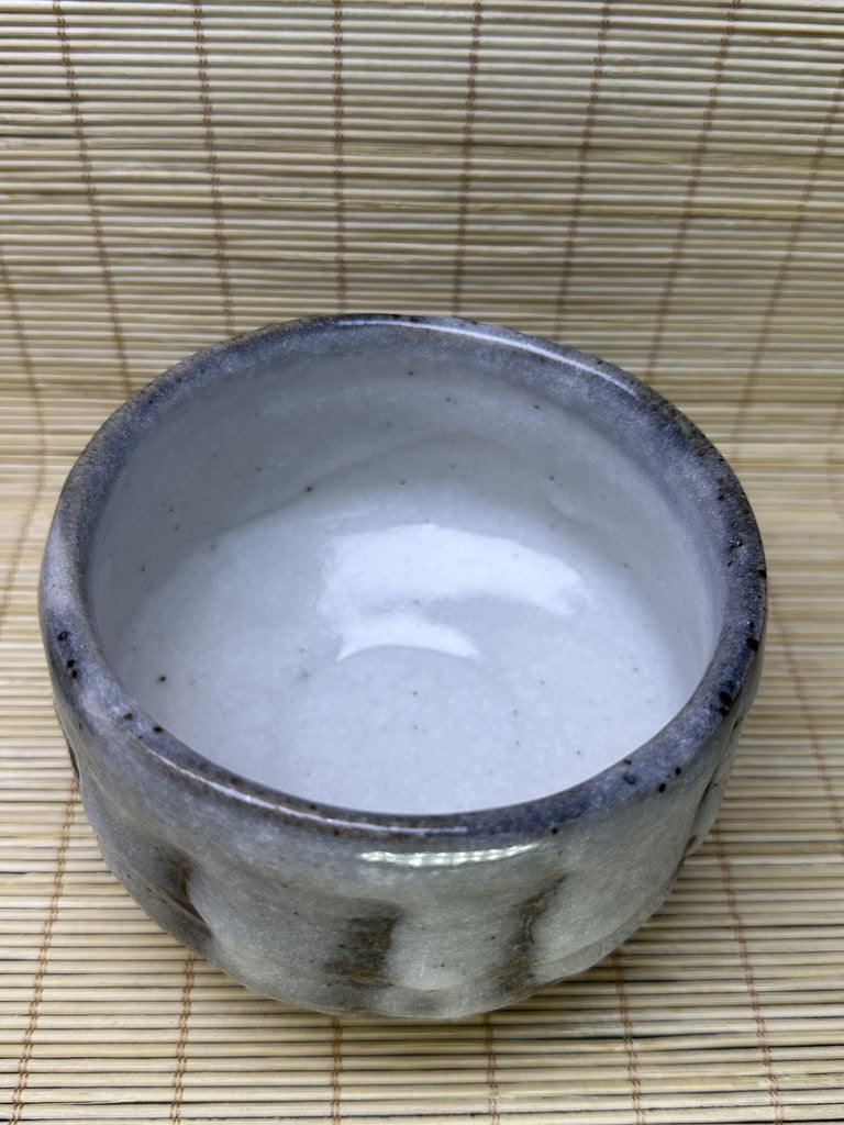 Vintage Japanese Chawan, Shino-Inspired Matcha Tea Bowl, Milky Blue-White Glaze, Iron Stripes, Faceted Body