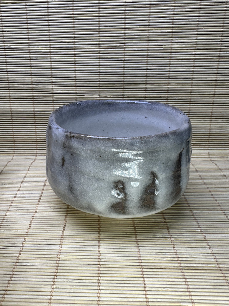 Vintage Japanese Chawan, Shino-Inspired Matcha Tea Bowl, Milky Blue-White Glaze, Iron Stripes, Faceted Body