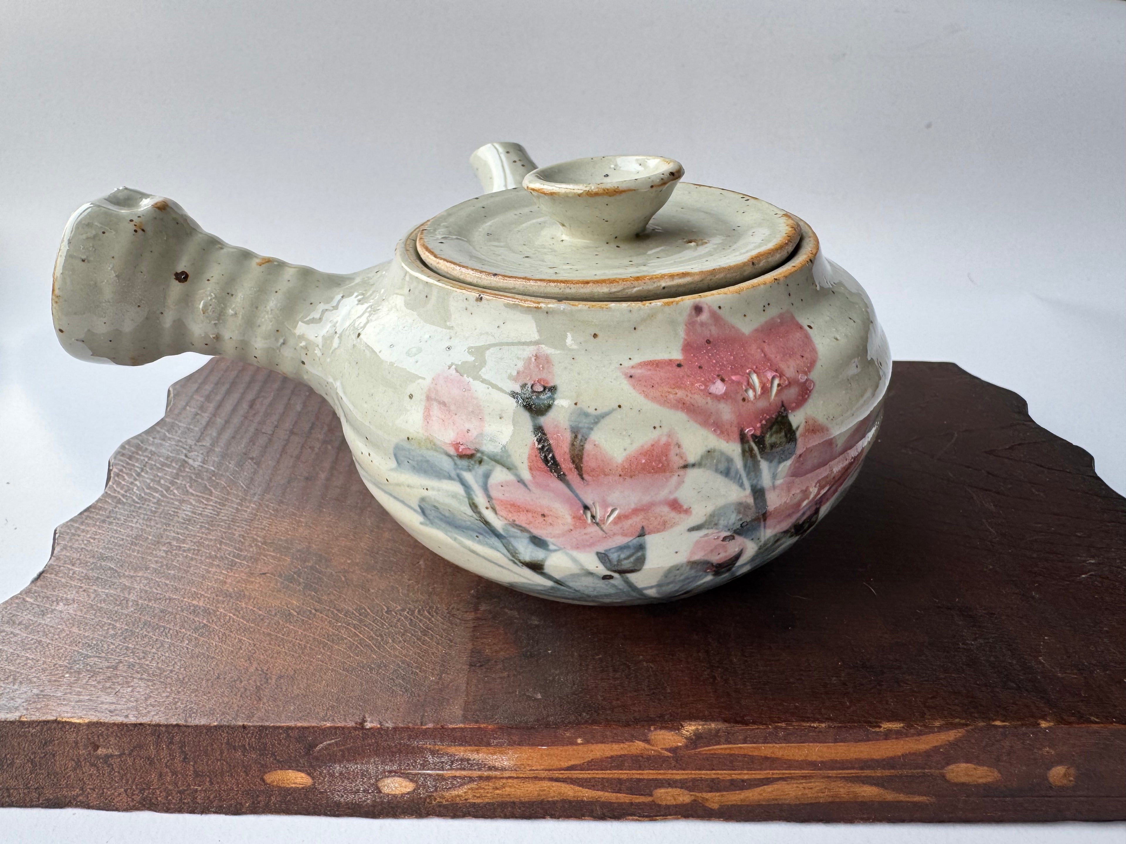 Vintage Japanese Kyusu Teapot – Hand-Painted Floral Motif, Opaque White Glaze, Rustic Ceramic