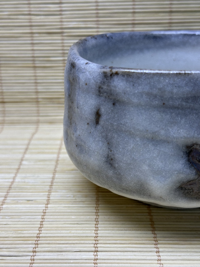 Vintage Japanese Chawan, Shino-Inspired Matcha Tea Bowl, Milky Blue-White Glaze, Iron Stripes, Faceted Body