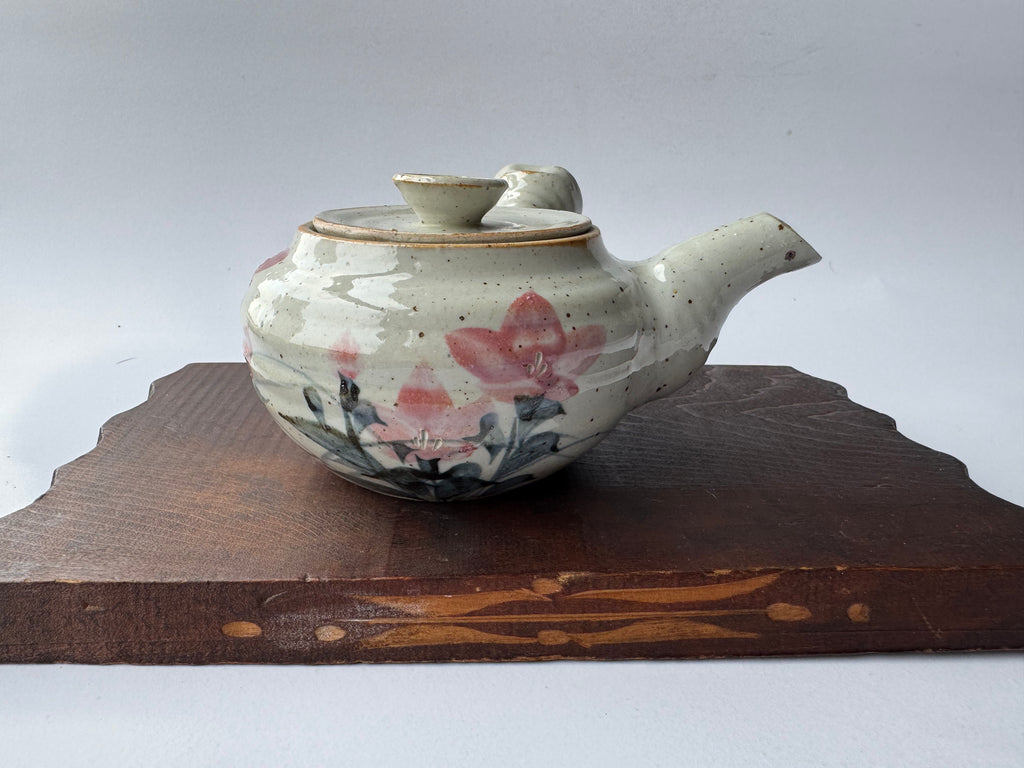Vintage Japanese Kyusu Teapot – Hand-Painted Floral Motif, Opaque White Glaze, Rustic Ceramic