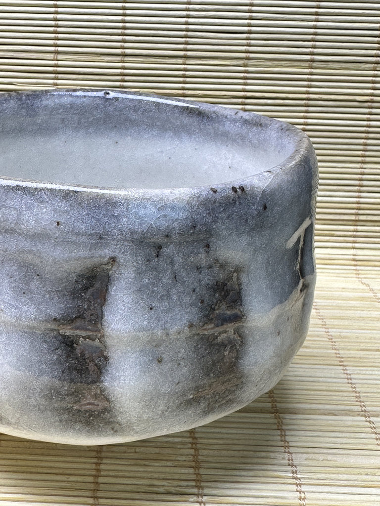 Vintage Japanese Chawan, Shino-Inspired Matcha Tea Bowl, Milky Blue-White Glaze, Iron Stripes, Faceted Body