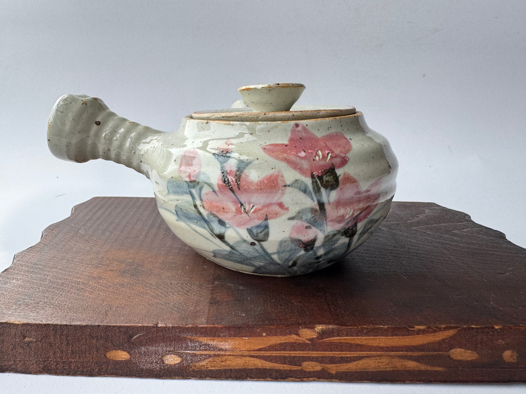 Vintage Japanese Kyusu Teapot – Hand-Painted Floral Motif, Opaque White Glaze, Rustic Ceramic