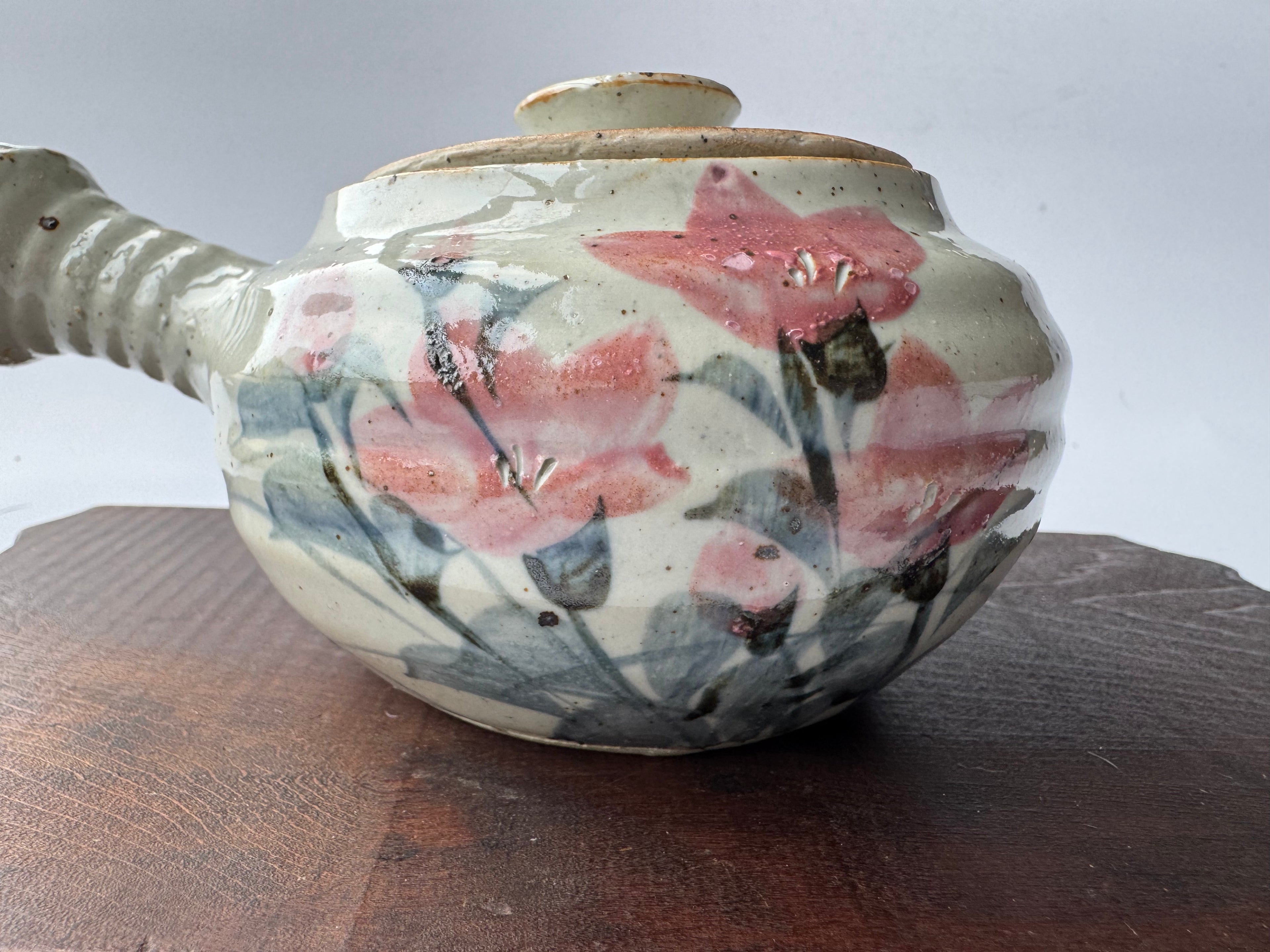 Vintage Japanese Kyusu Teapot – Hand-Painted Floral Motif, Opaque White Glaze, Rustic Ceramic