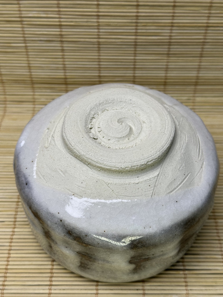 Vintage Japanese Chawan, Shino-Inspired Matcha Tea Bowl, Milky Blue-White Glaze, Iron Stripes, Faceted Body