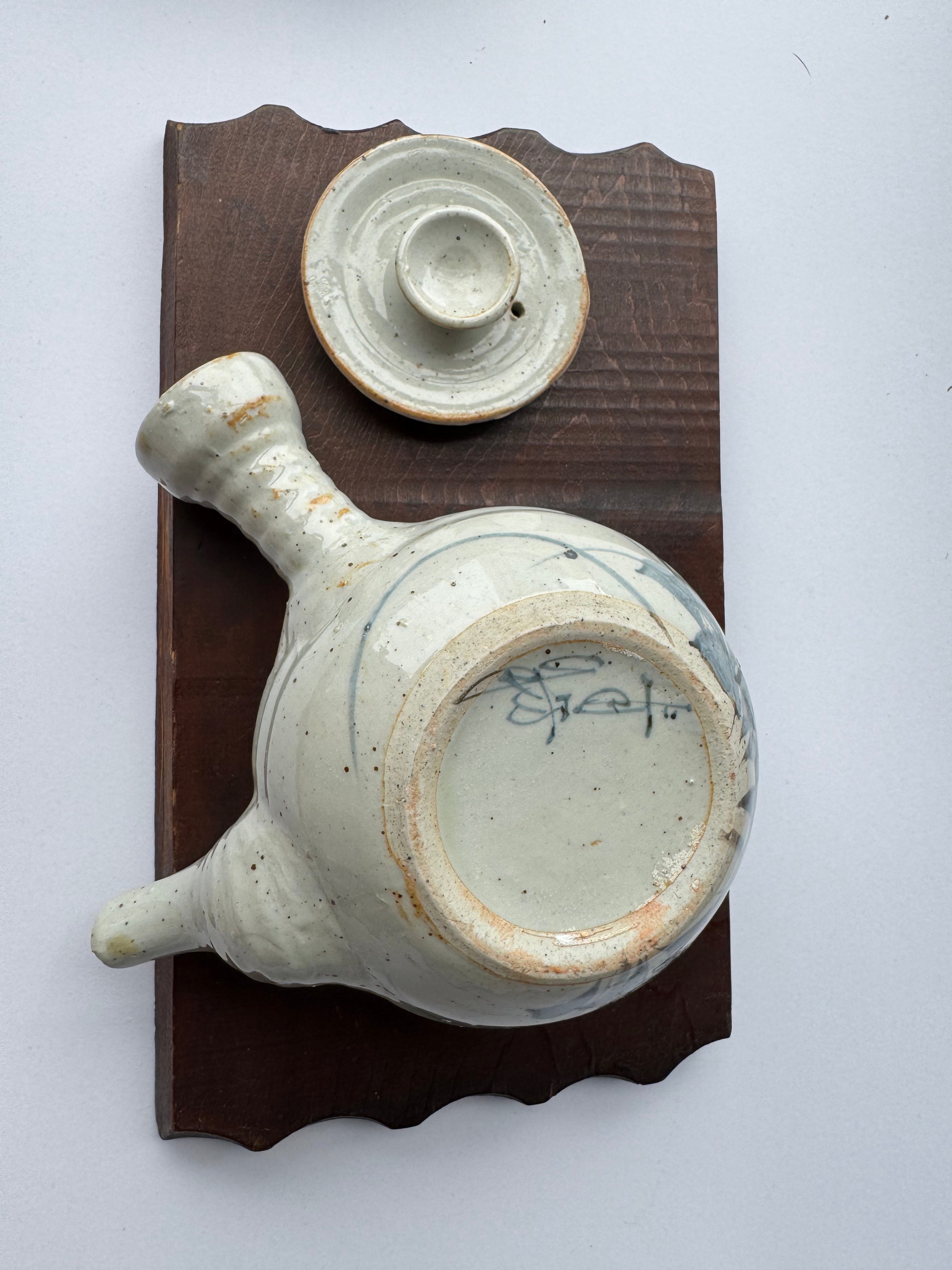 Vintage Japanese Kyusu Teapot – Hand-Painted Floral Motif, Opaque White Glaze, Rustic Ceramic