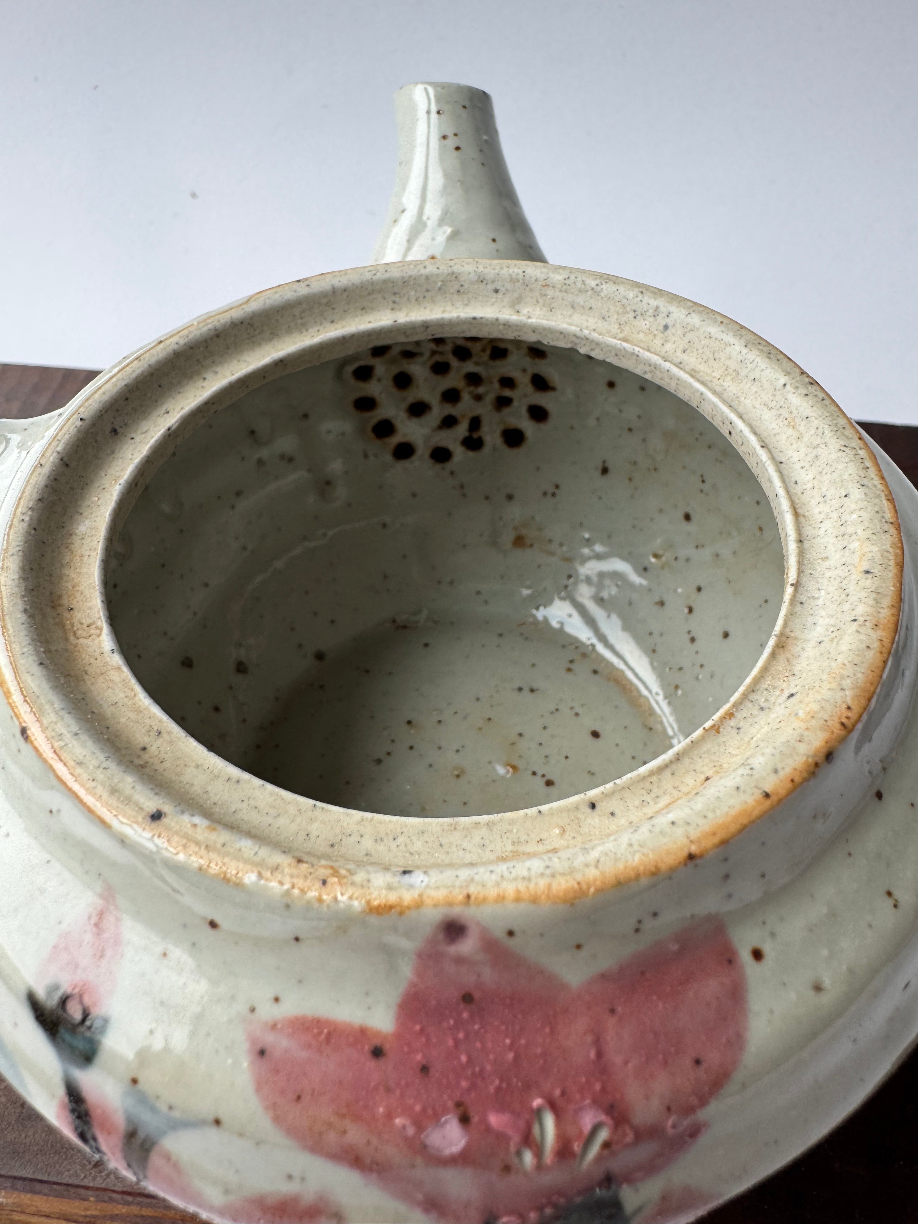 Vintage Japanese Kyusu Teapot – Hand-Painted Floral Motif, Opaque White Glaze, Rustic Ceramic
