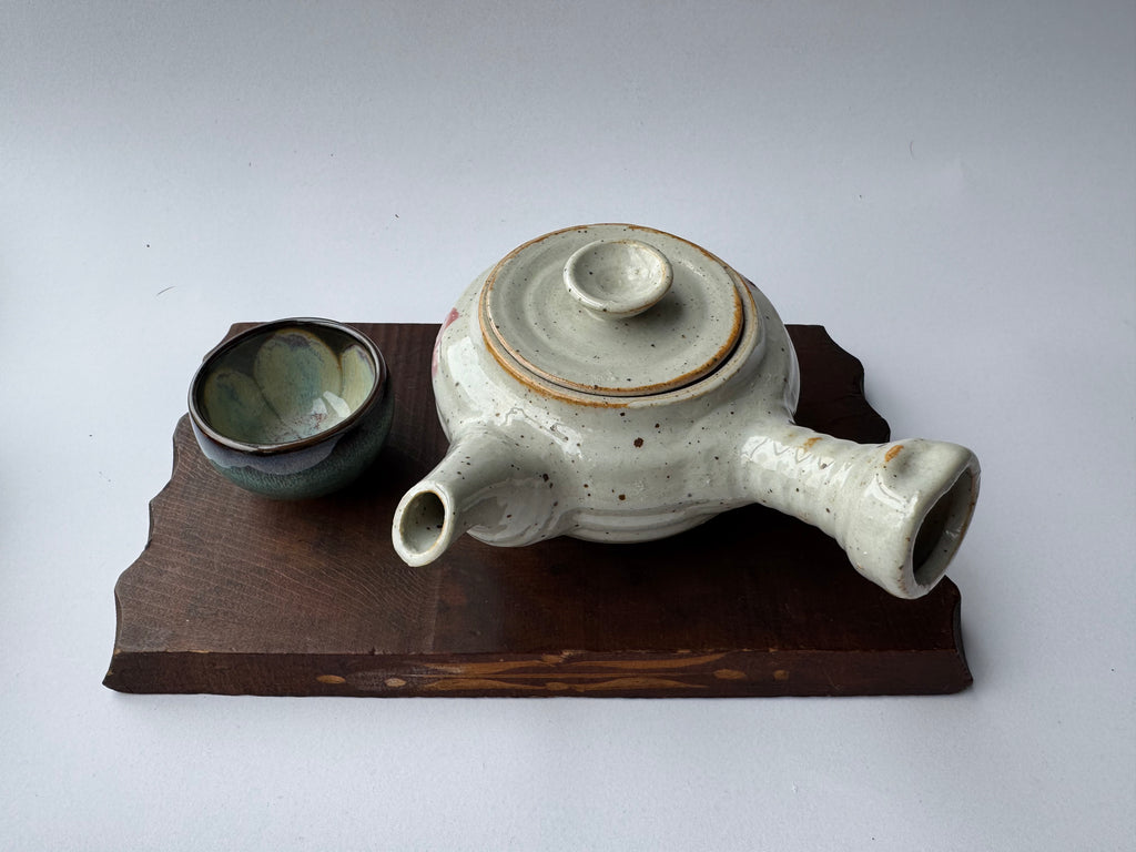 Vintage Japanese Kyusu Teapot – Hand-Painted Floral Motif, Opaque White Glaze, Rustic Ceramic