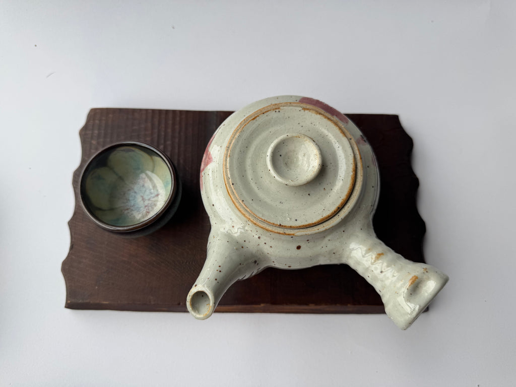 Vintage Japanese Kyusu Teapot – Hand-Painted Floral Motif, Opaque White Glaze, Rustic Ceramic