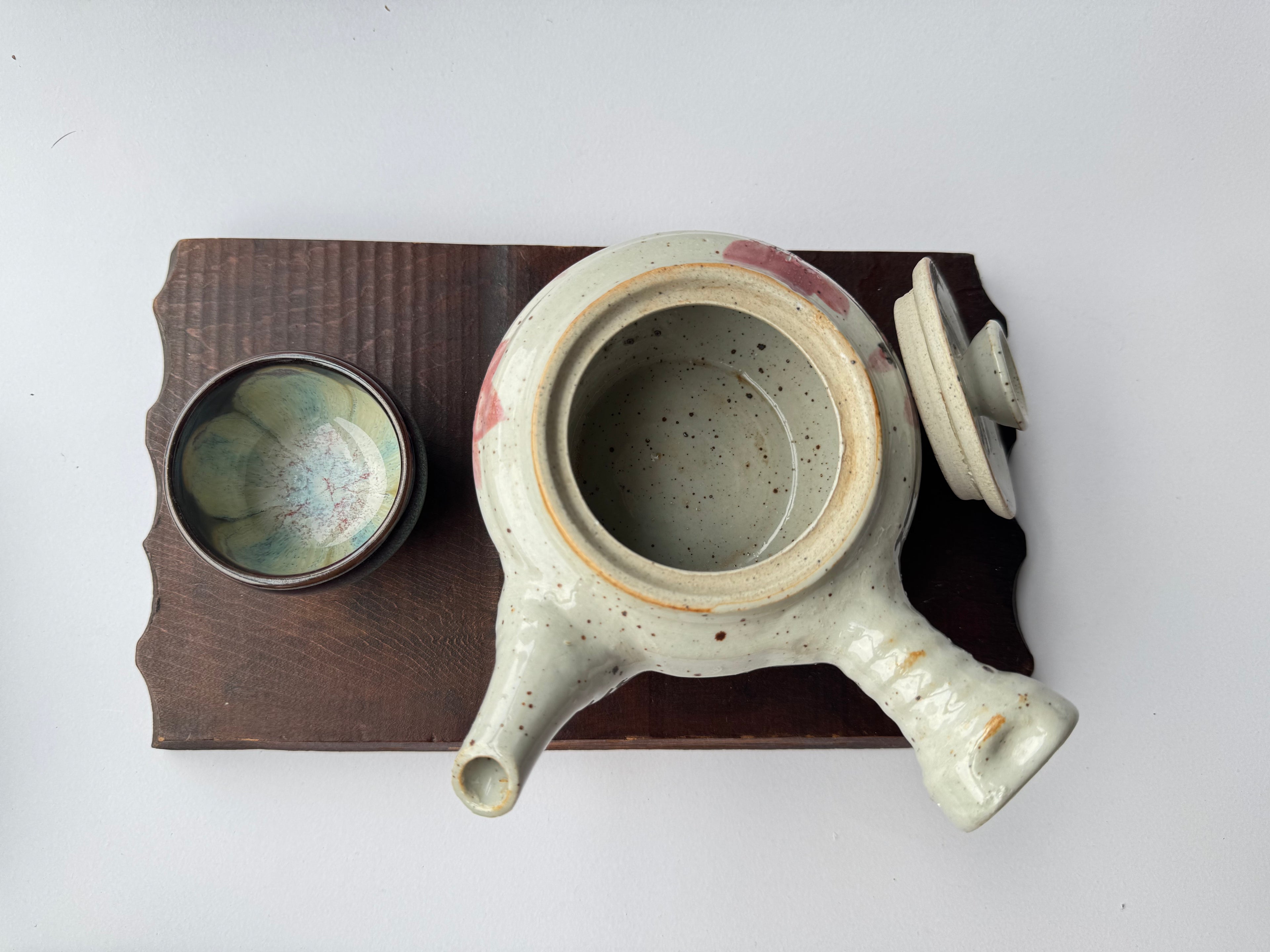 Vintage Japanese Kyusu Teapot – Hand-Painted Floral Motif, Opaque White Glaze, Rustic Ceramic