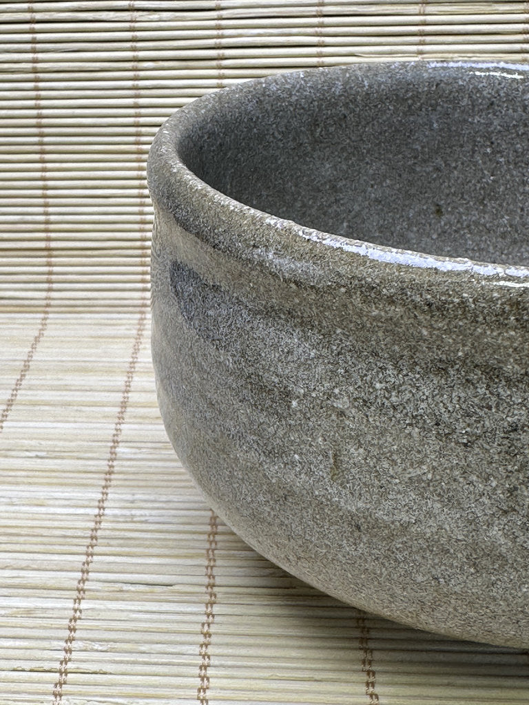 Vintage Japanese Chawan, Rustic Grey Glaze Matcha Tea Bowl, Sandy Stoneware, Iron Flecks, Impressed Mark